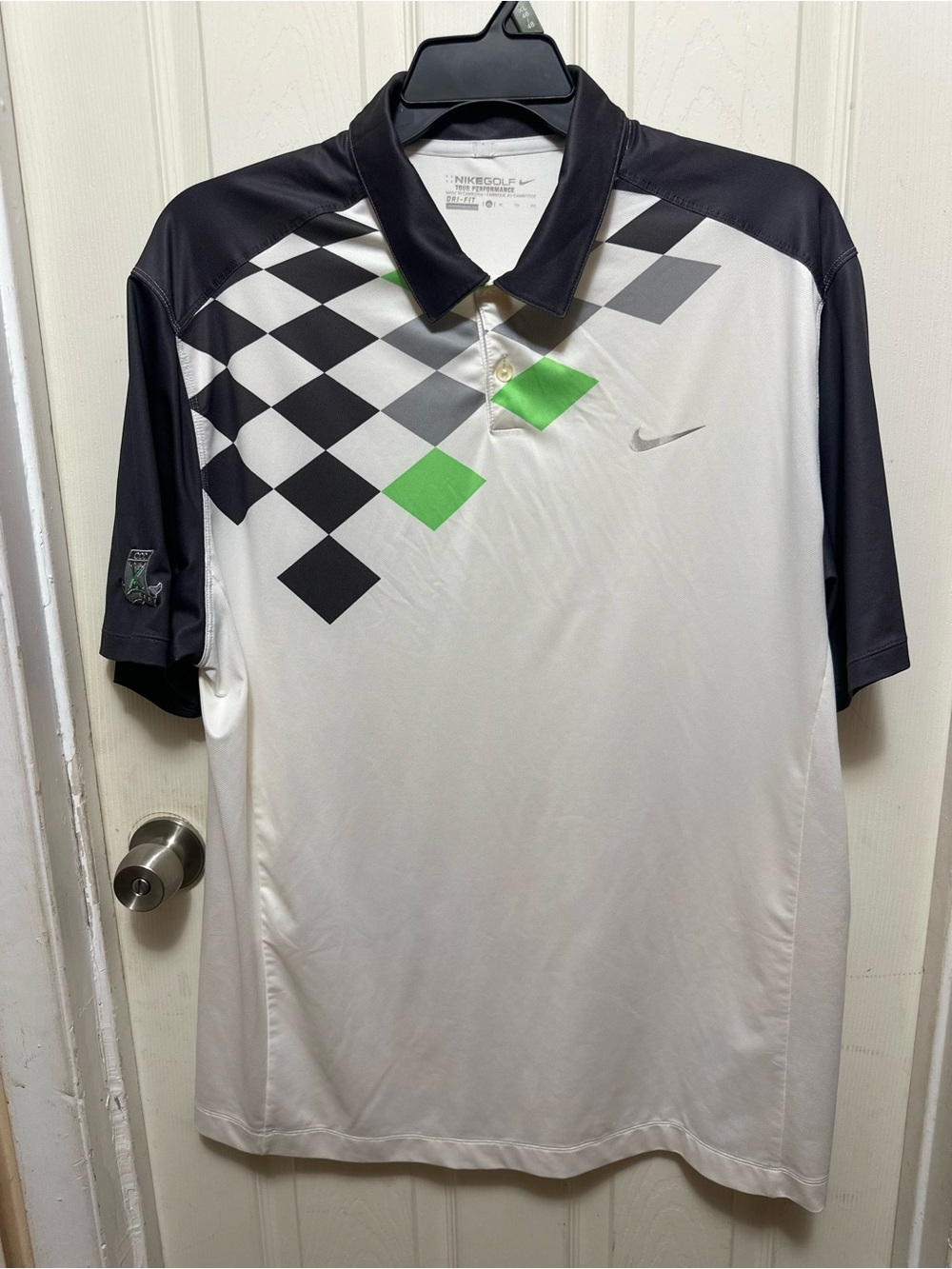 Nike Golf Tour Performance Dri-Fit Polo Shirt Mens XL White Gray Argyle Diamond